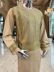 Large Men’s Tan Parahan Tunban with Green & White Machine Embroidery – Premium Afghan Outfit