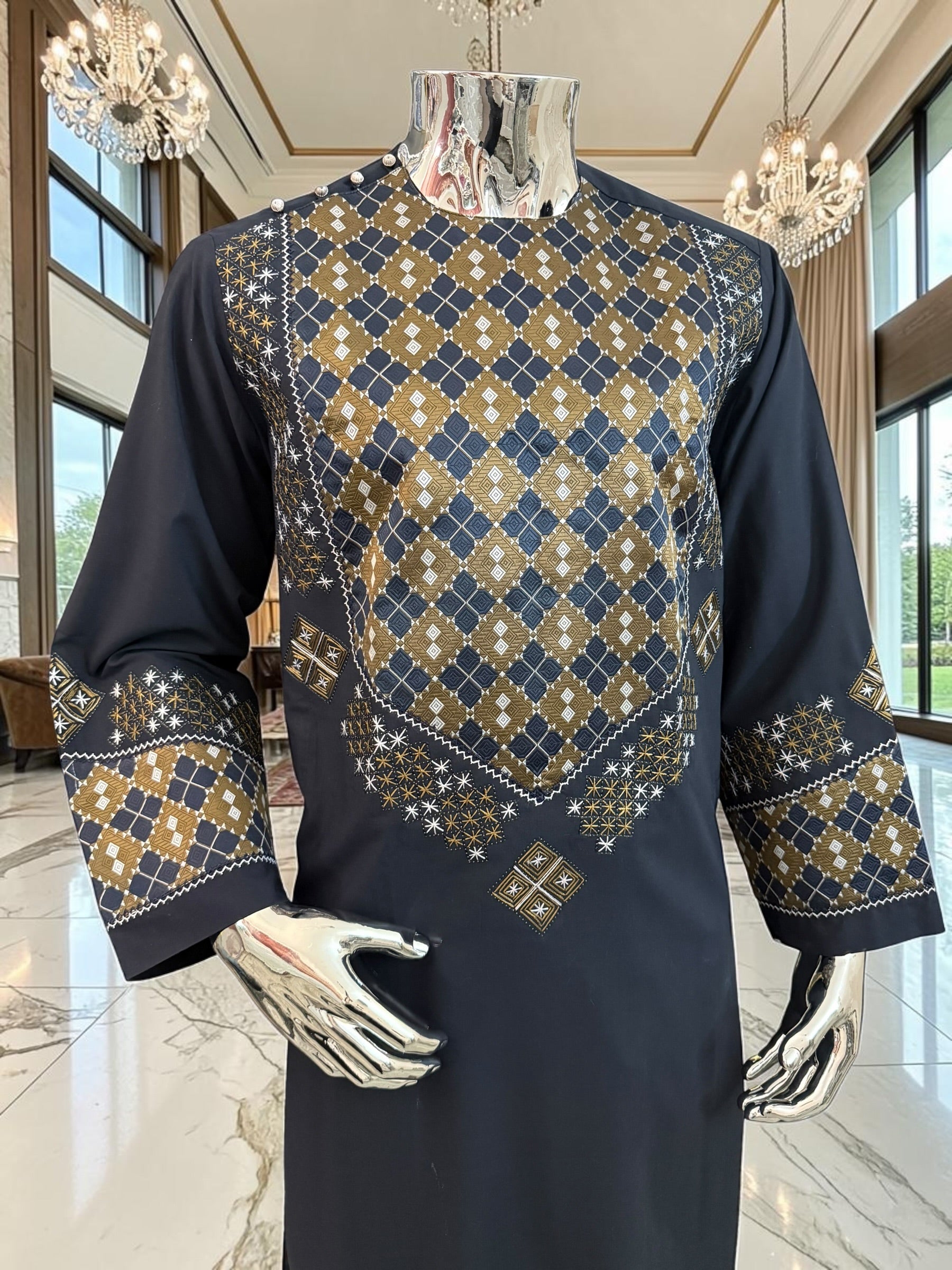 Medium Midnight Blue Afghan Parahan Tunban Set – Premium Hand Embroidery with Matching Shawl patto