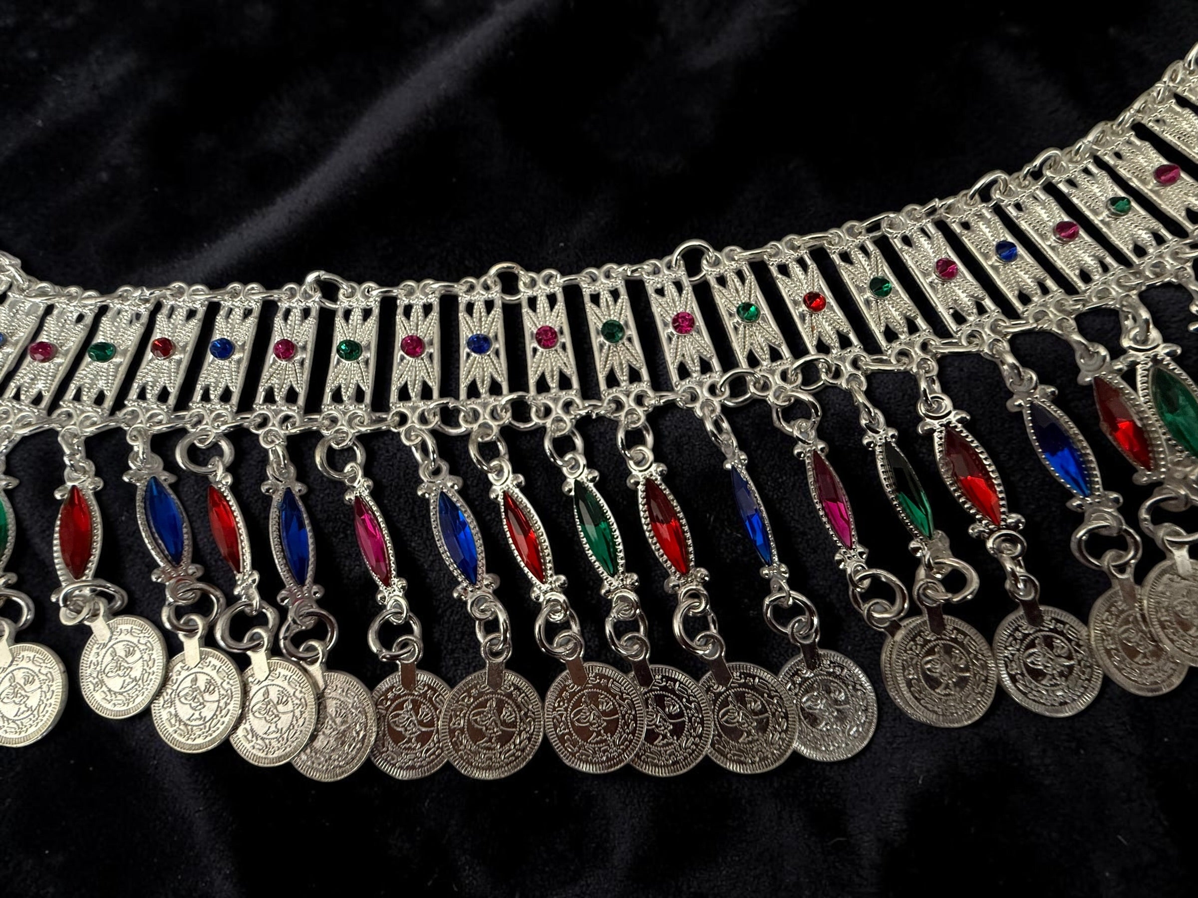 Traditional Afghan Kuchi Coin Belt for Women – Silver-Tone Tribal Waist Belt with Colorful Enamel Accents | Boho Festival, Dance & Wedding Belt 017