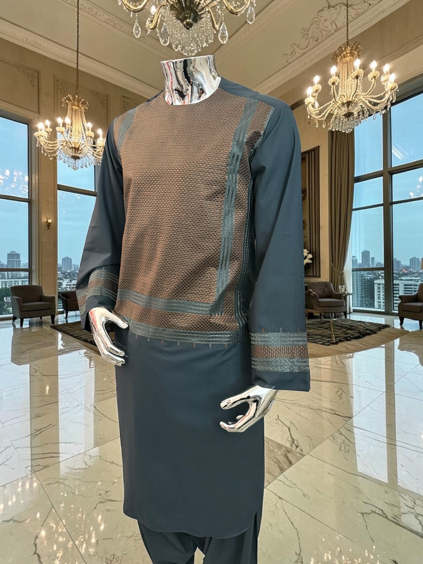 Large Men’s Charcoal Gray Parahan Tunban – Premium Copper Machine Embroidery Afghan Outfit