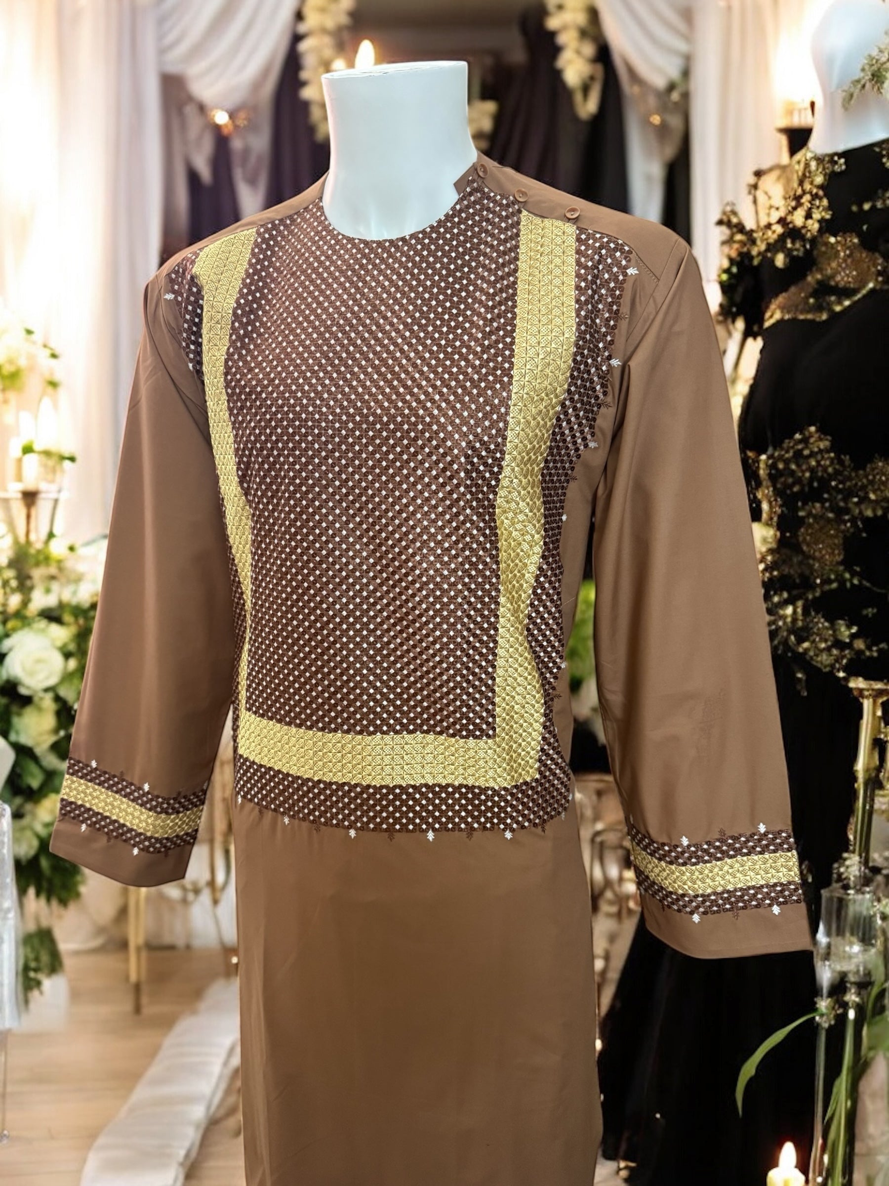 Afghan Parahan Tunban for Men Machine Embroidered Brown Gold Traditional Wear Medium Large
