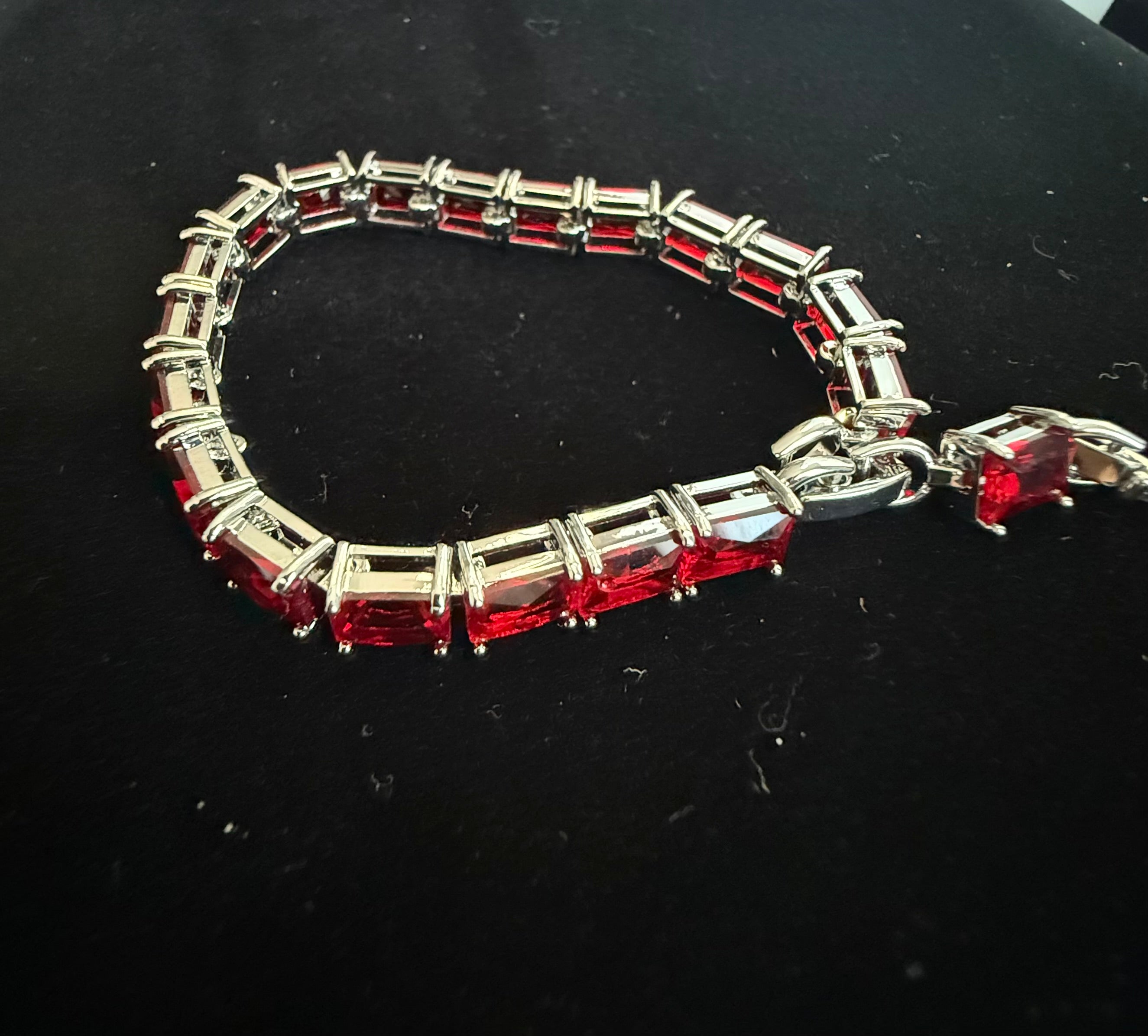 Ruby Red Rectangular Crystal Tennis Bracelet – Silver Tone Statement Bracelet for Women 7111