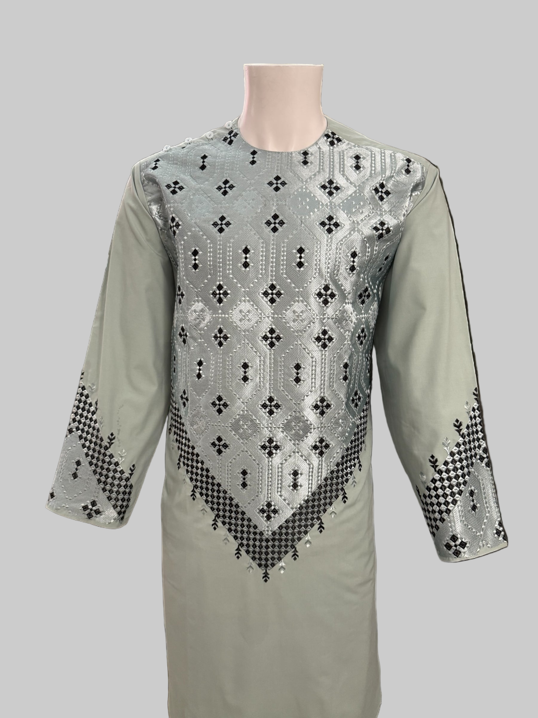 Sage Green Men’s Kameez with Black and Matching Sage Embroidery – Large