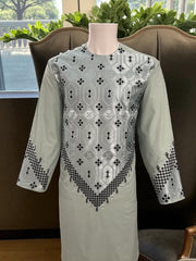 Sage Green Men’s Kameez with Black and Matching Sage Embroidery – Large