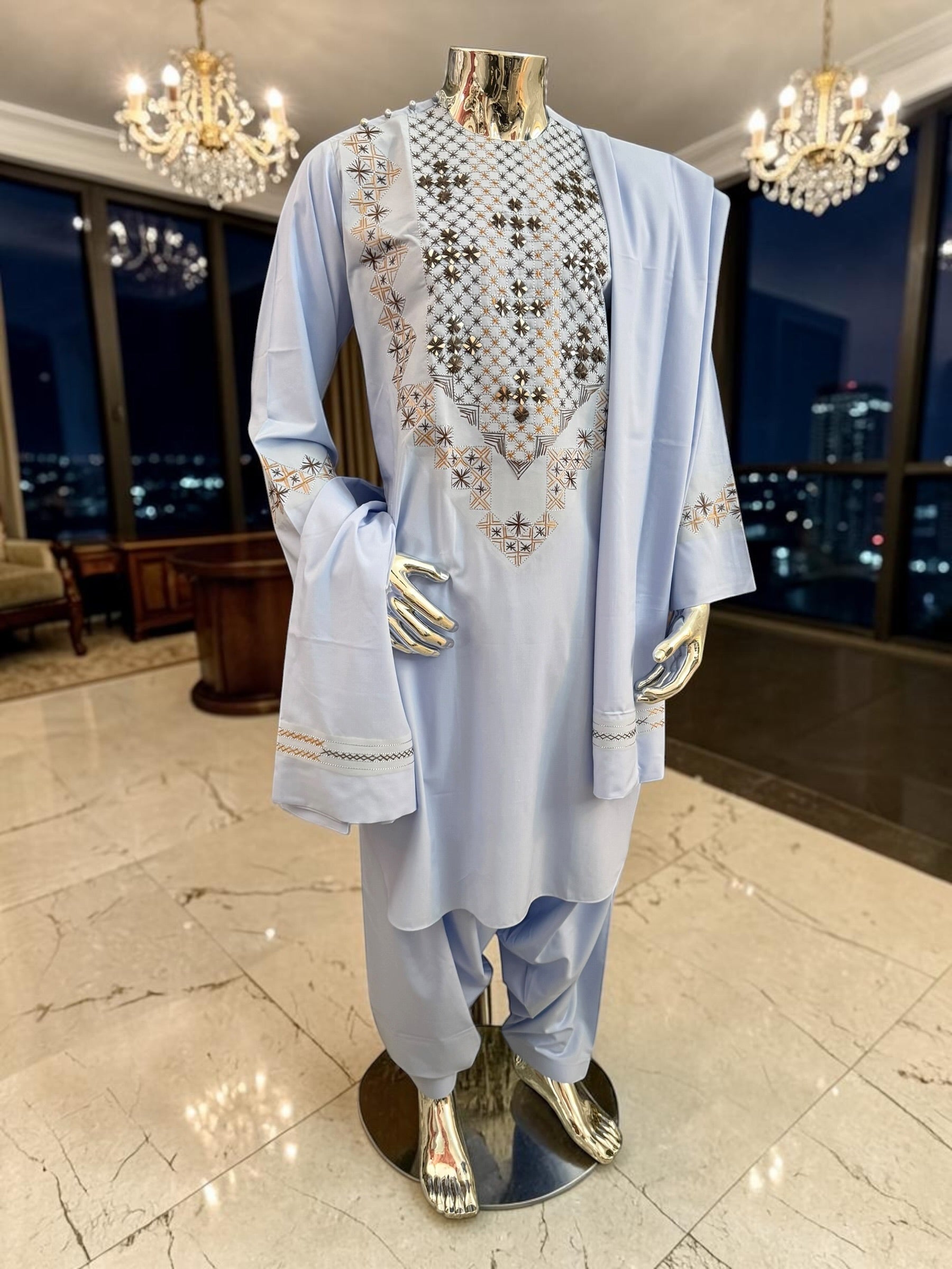 Medium Sky Blue Handmade Mirror Embroidered Afghan Parahan Tunban Set with Chadder