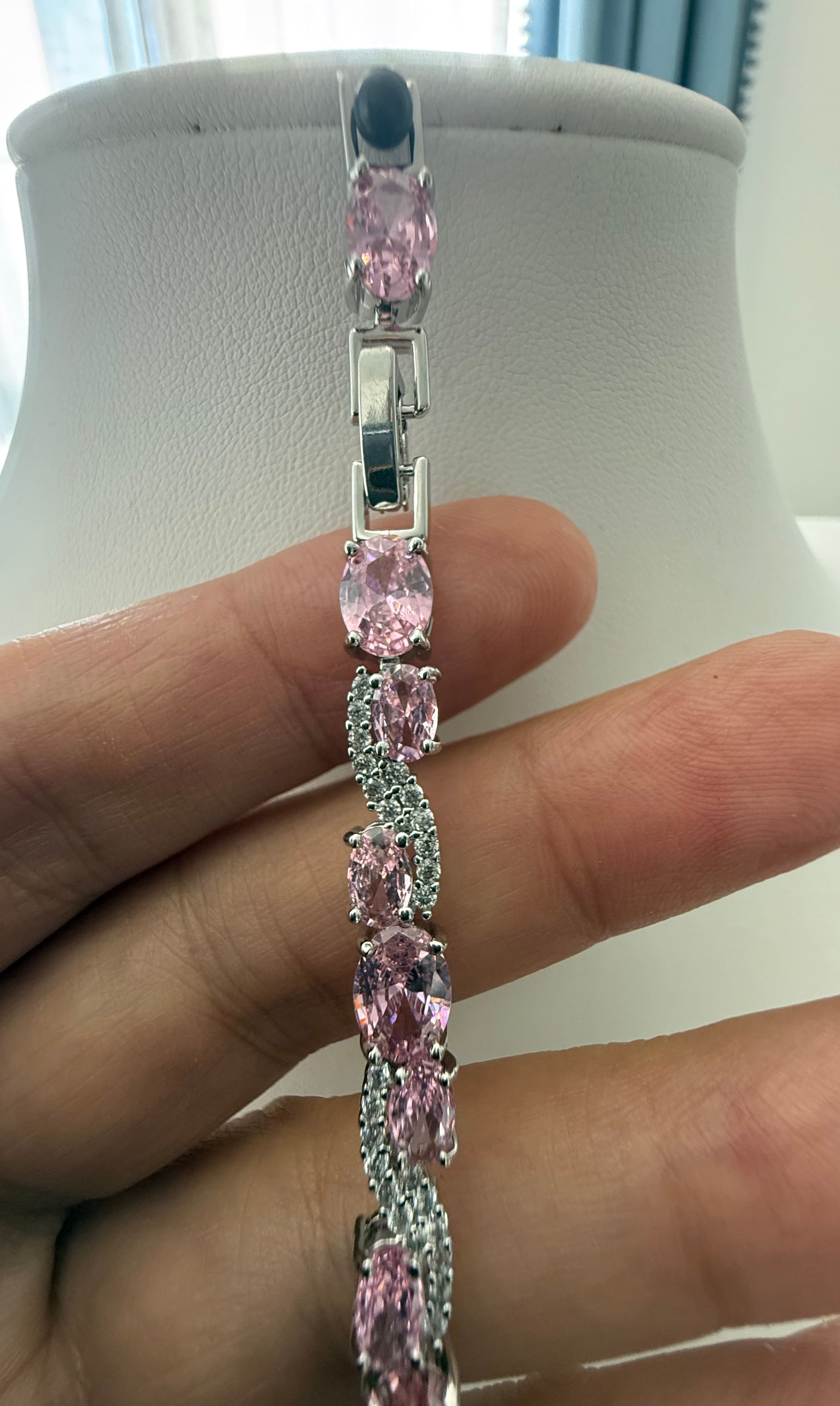Pink Oval Crystal Swirl Bracelet – Silver Tone Sparkling Statement Jewelry 7085