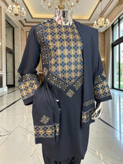 Medium Midnight Blue Afghan Parahan Tunban Set – Premium Hand Embroidery with Matching Shawl patto