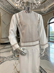 Small Off White Machine Embroidery Yakhan Parahan Tunban – Premium Afghan Traditional Outfit