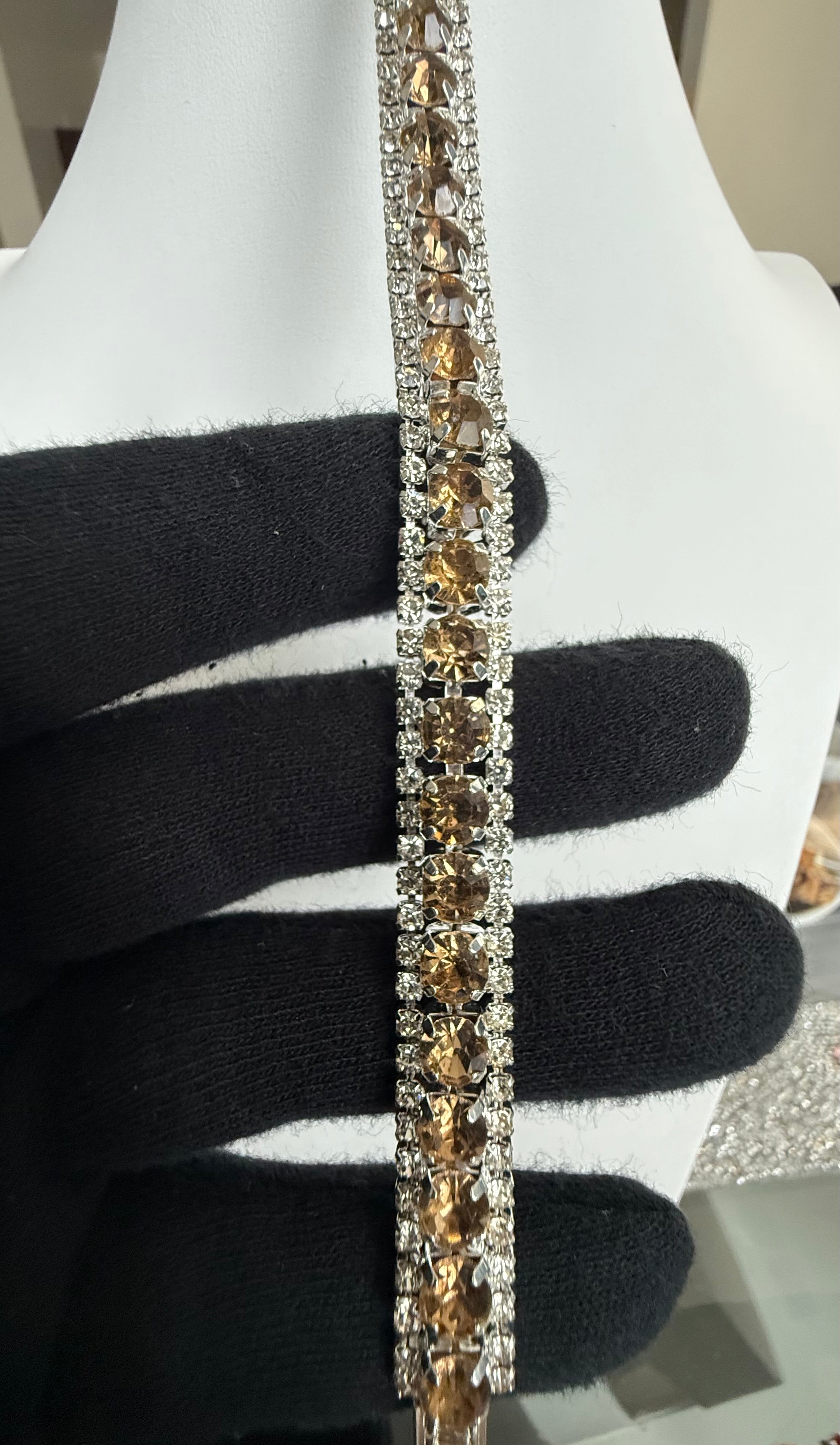 Champagne Crystal Double Row Tennis Bracelet – Silver Tone Statement Bracelet 7108
