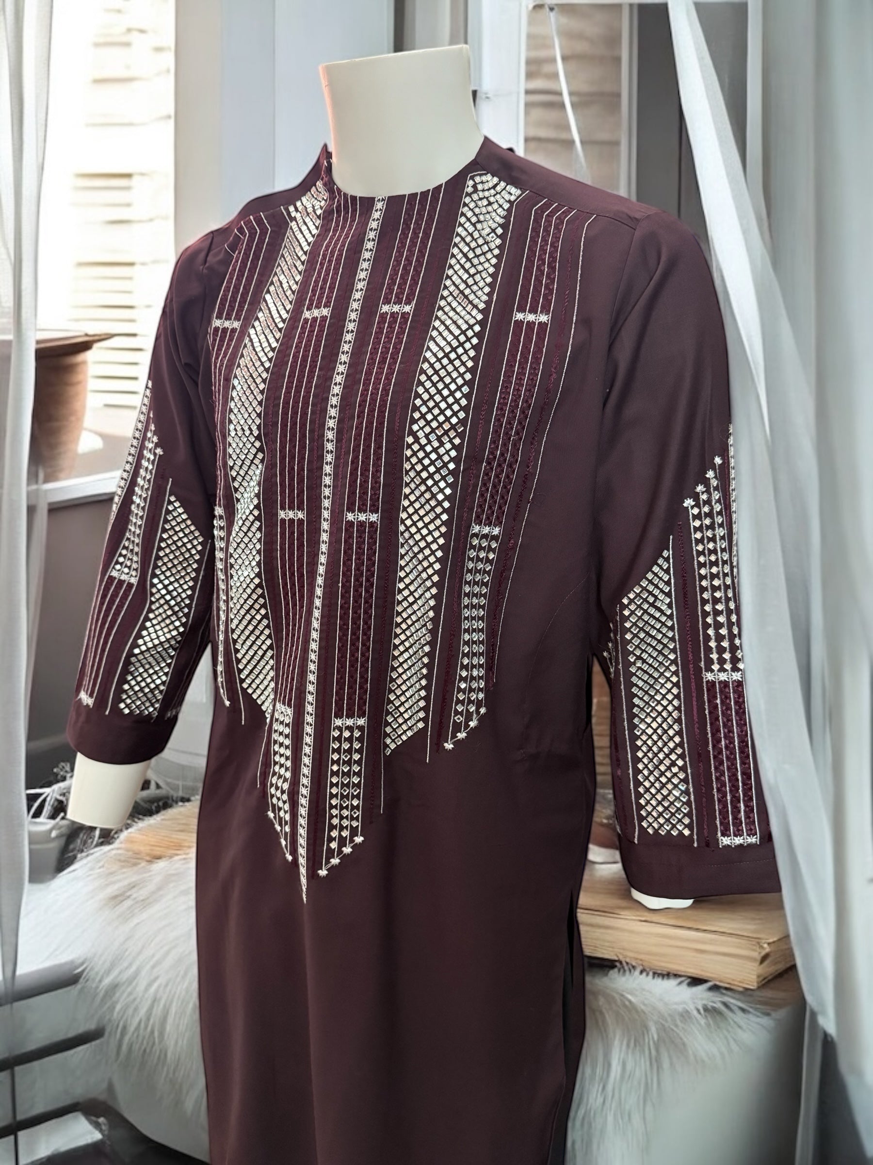 Afghan Parahan Tunban for Men Dark Burgundy Silver Shesha Mirror Work Machine Embroidered X-Small