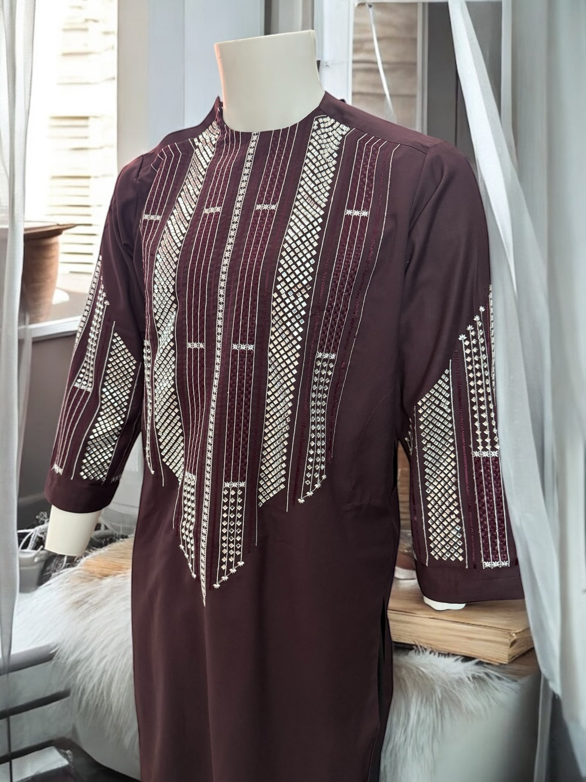 Afghan Parahan Tunban for Men Dark Burgundy Silver Shesha Mirror Work Machine Embroidered X-Small