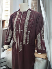 Afghan Parahan Tunban for Men Dark Burgundy Silver Shesha Mirror Work Machine Embroidered X-Small