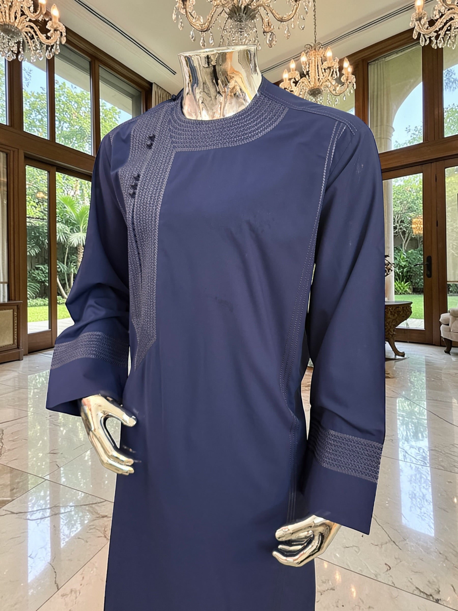 Traditional Afghan Parahan Tunban with Machine Embroidery – Navy Blue – XS