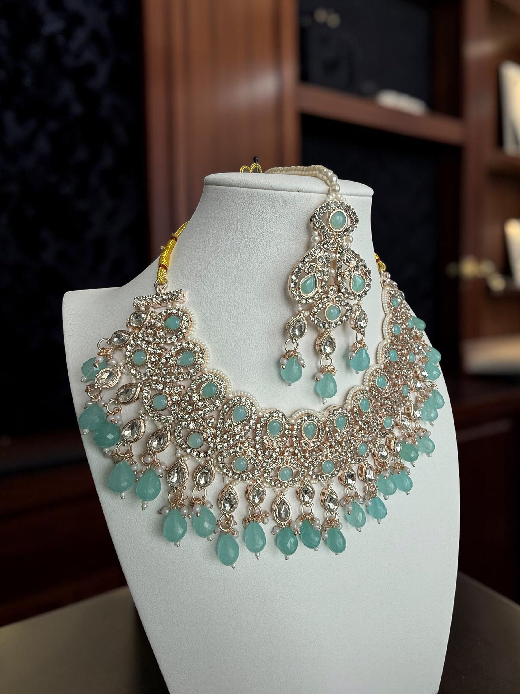 Aqua Blue Kundan Bridal Jewelry Set with Earrings & Maang Tikka | Rose Gold Indian Pakistani Afghan Wedding Necklace | Jewelry Gift Box Included 6045