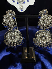 Sapphire & Silver Kundan Style Bridal Jewelry Set with Necklace, Earrings & Maang Tikka | Indian Pakistani Afghan Wedding Jewelry | Gift Box Included 7009