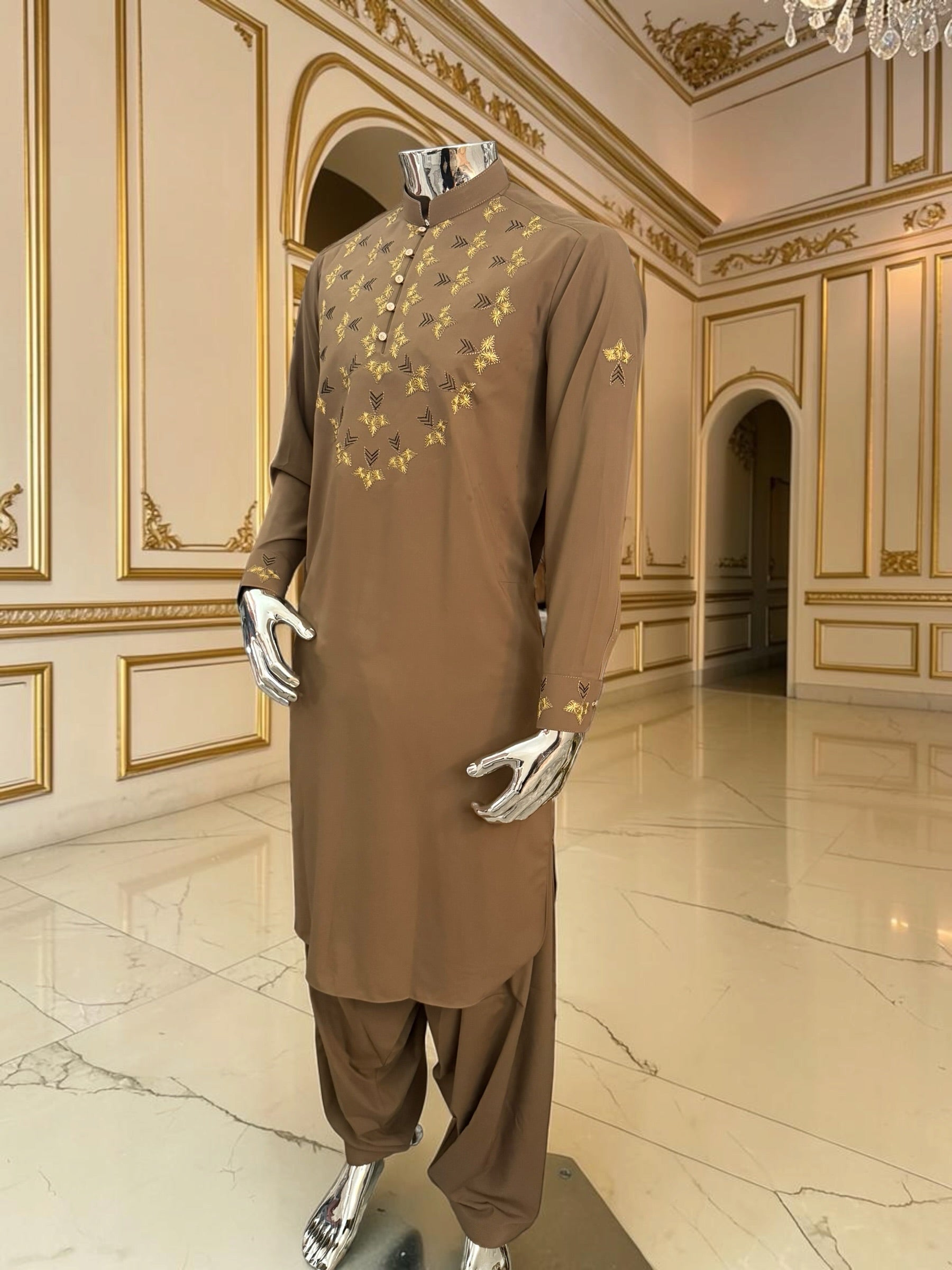 Men’s Brown Hand-Embroidered Designer Afghan Parahan Tunban Set 5034