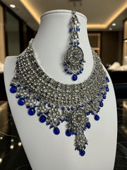Sapphire & Silver Kundan Style Bridal Jewelry Set with Necklace, Earrings & Maang Tikka | Indian Pakistani Afghan Wedding Jewelry | Gift Box Included 7009