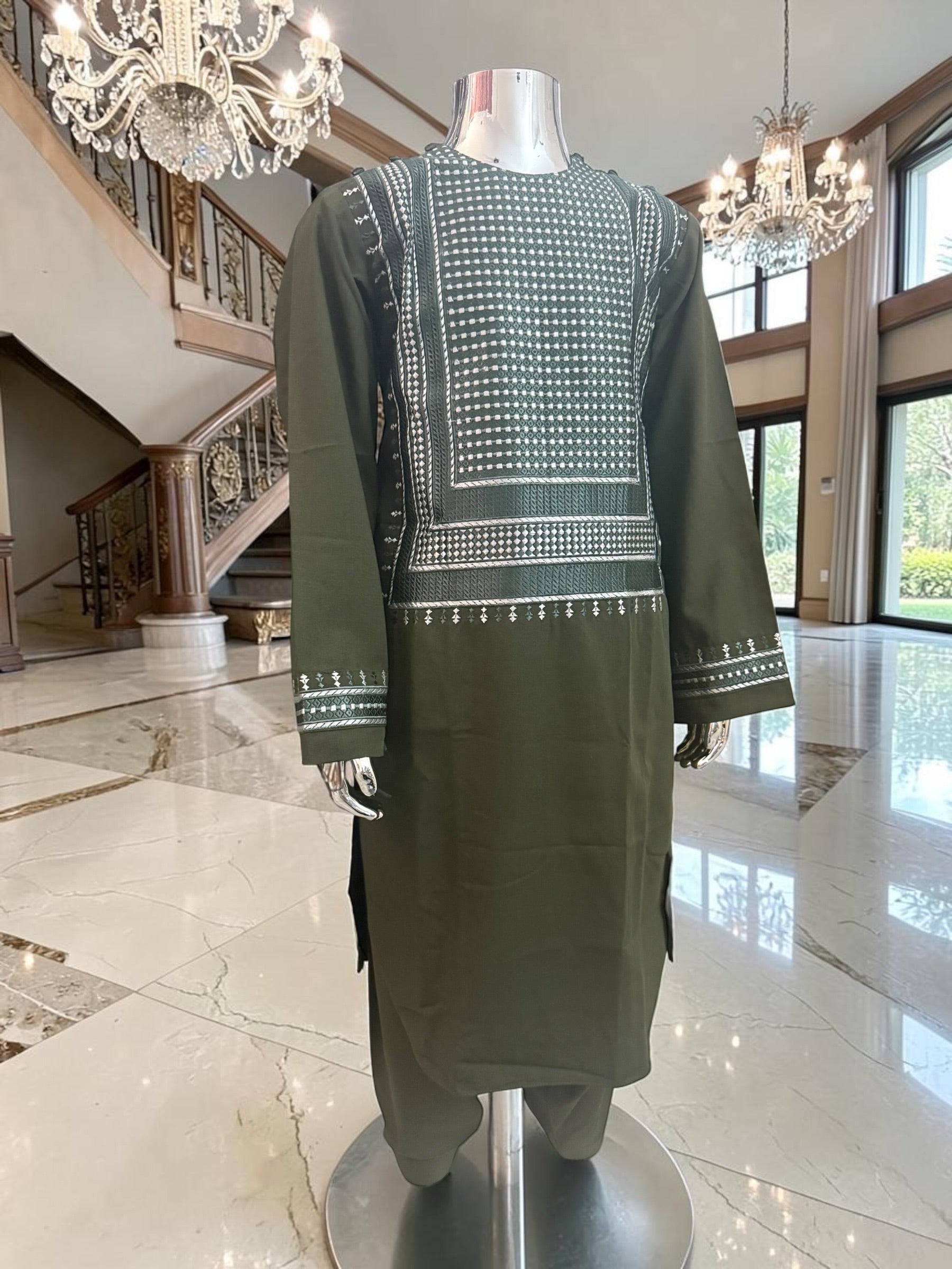 Kids Afghan Parahan Tunban (Shalwar Kameez) – Olive Green Embroidered Traditional Outfit for Boys Design #24