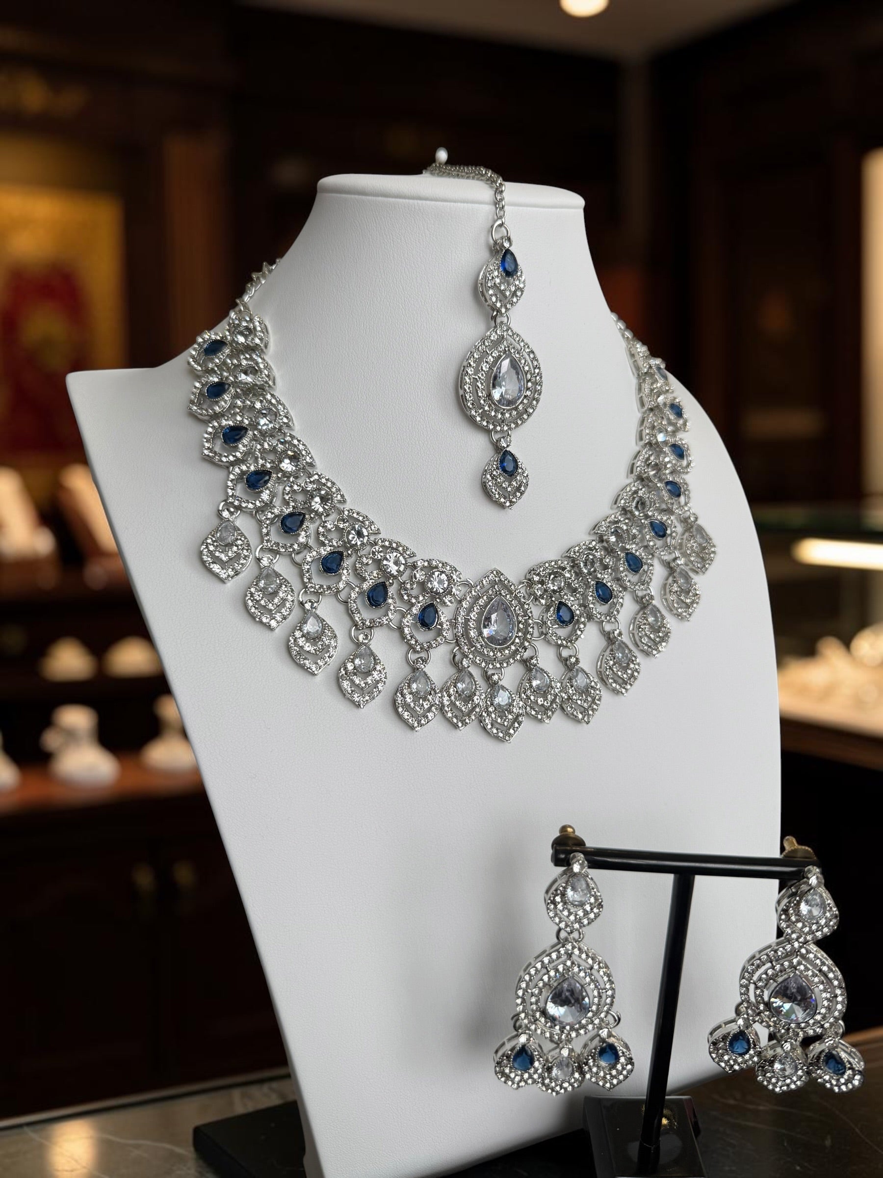 Luxury Silver Tone Sapphire Blue Crystal Bridal Jewelry Set | Statement Necklace, Earrings & Maang Tikka | Wedding Jewelry with Black Gift Box 6028