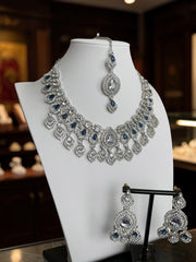Luxury Silver Tone Sapphire Blue Crystal Bridal Jewelry Set | Statement Necklace, Earrings & Maang Tikka | Wedding Jewelry with Black Gift Box 6028