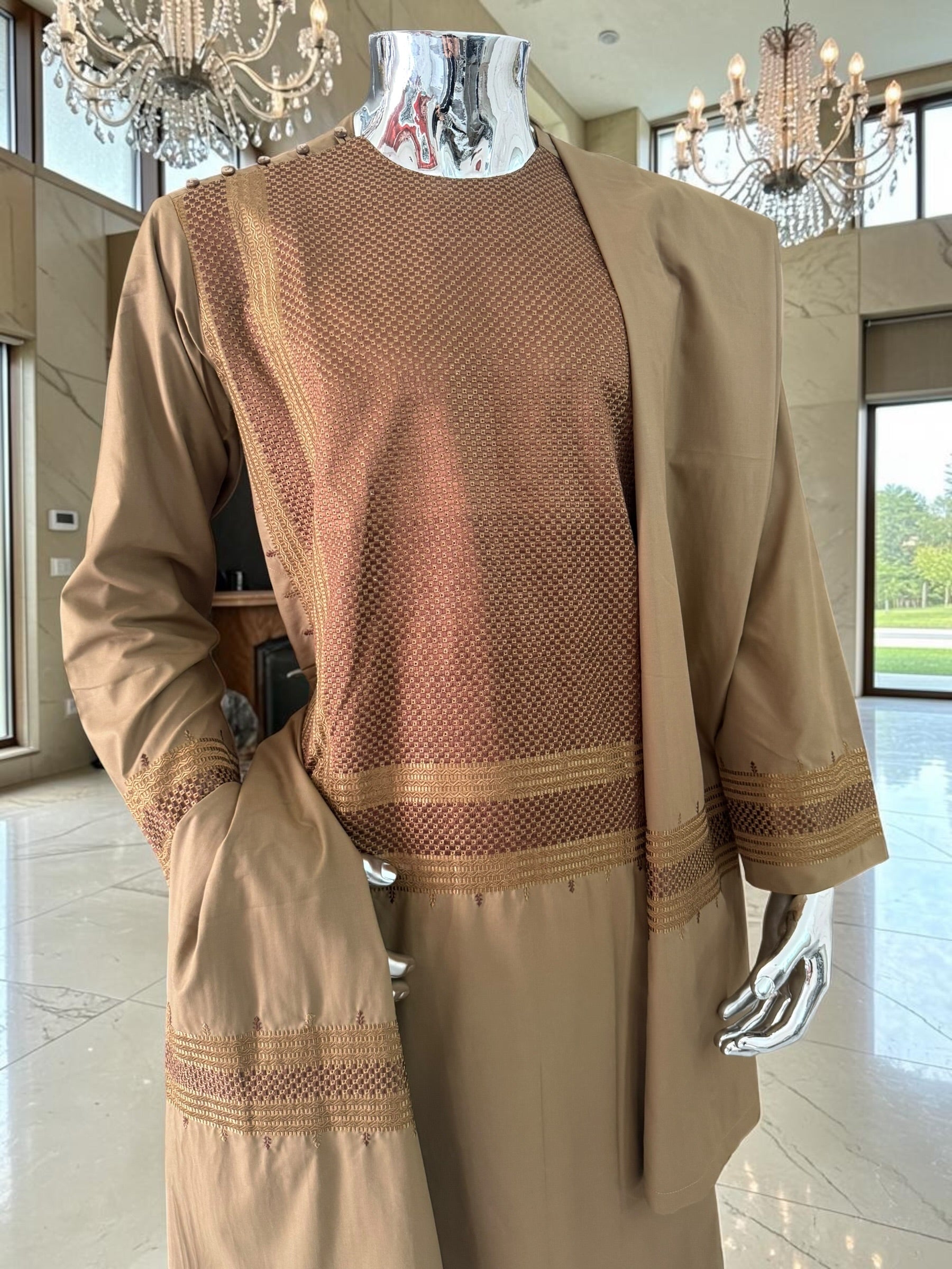 Small Premium Brown Machine Embroidered Parahan Tunban Set with Matching Chadder