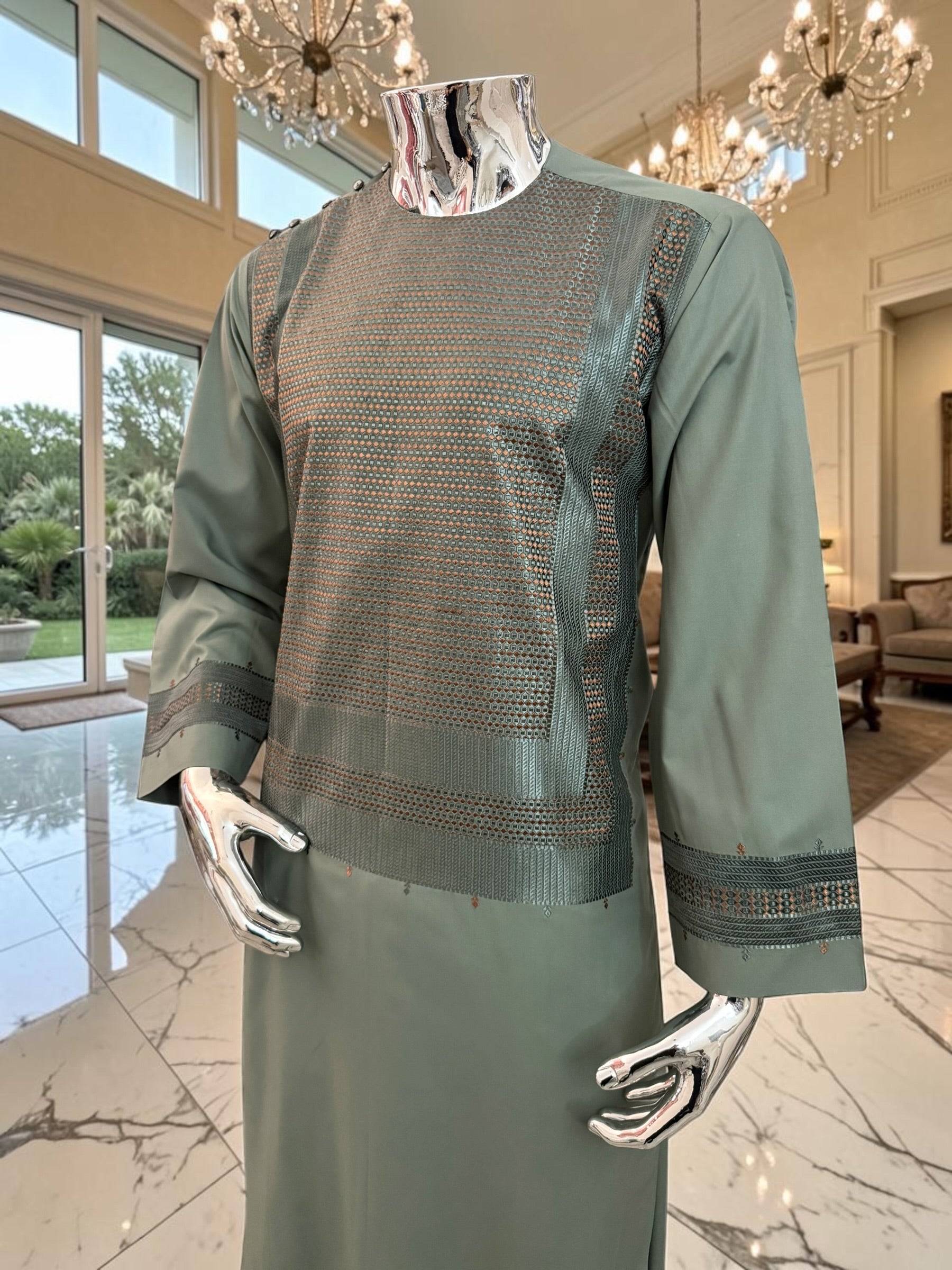 Medium Olive Green Afghan Parahan Tunban with Premium Machine Embroidery for Men