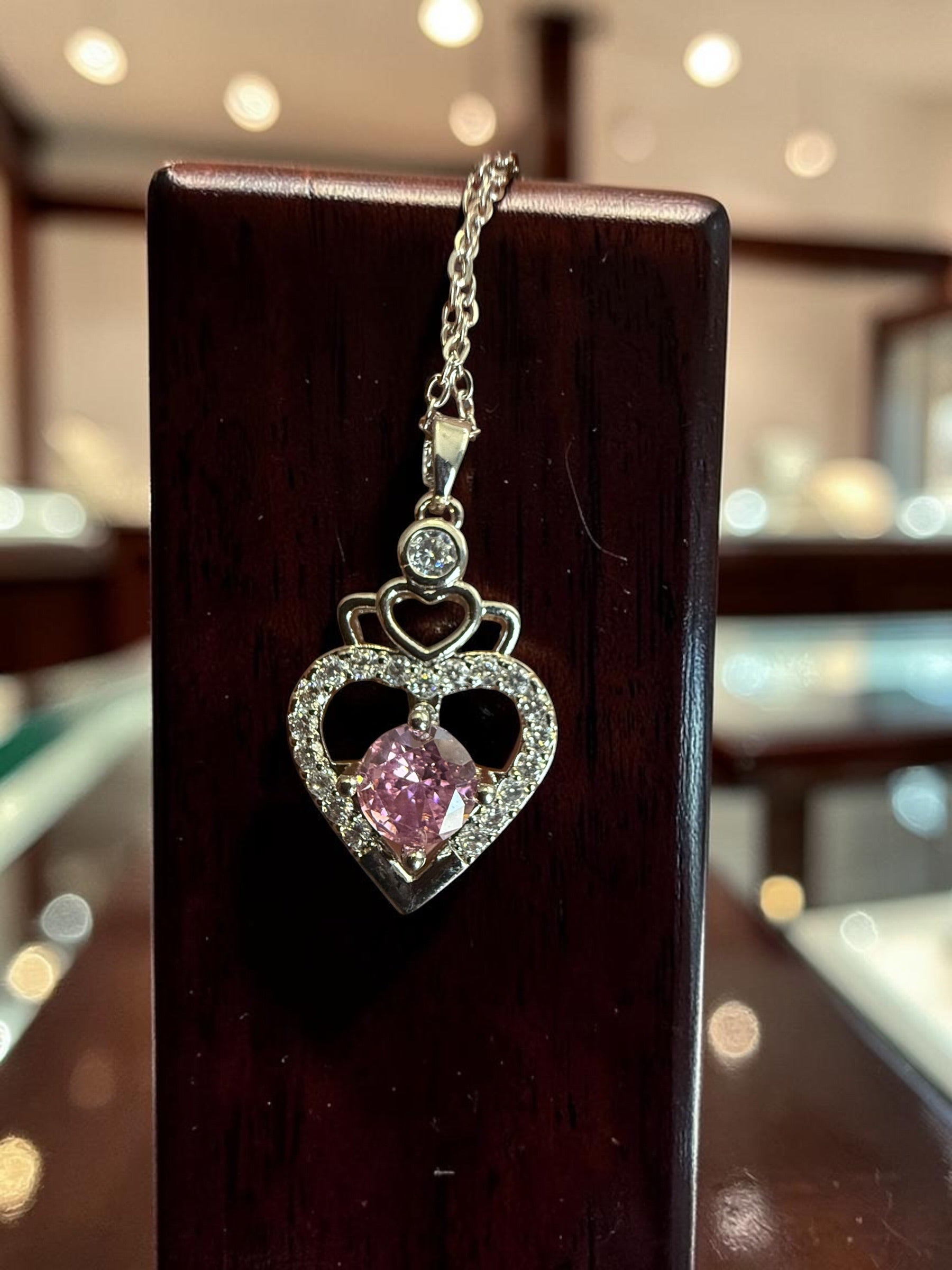 Pink Heart Pendant Necklace – Silver Tone Sparkling Stone Love Necklace for Women 7065