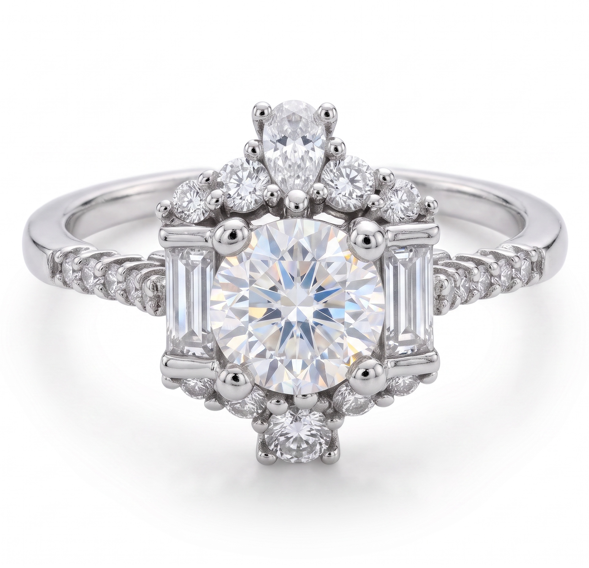Sterling Silver Round Moissanite Floral Cluster Statement Ring – Size 6.  063