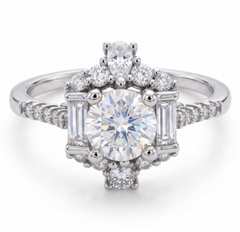 Sterling Silver Round Moissanite Floral Cluster Statement Ring – Size 6.  063