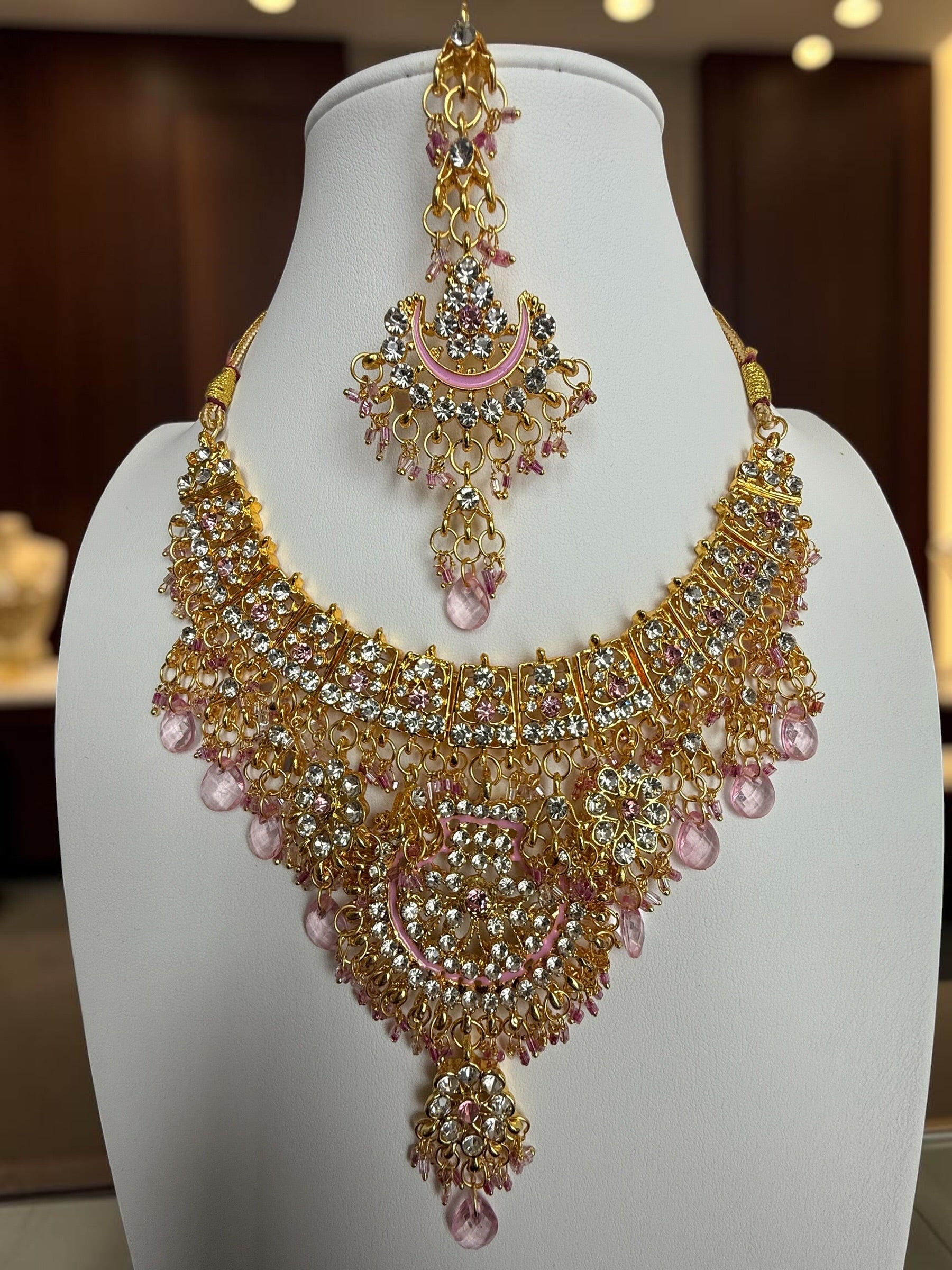 Pink Indian Pakistani Afghan Bridal Jewelry Set with Earrings & Maang Tikka | Gold Tone Crystal Rhinestone Necklace Set | Gift Box Included 7012