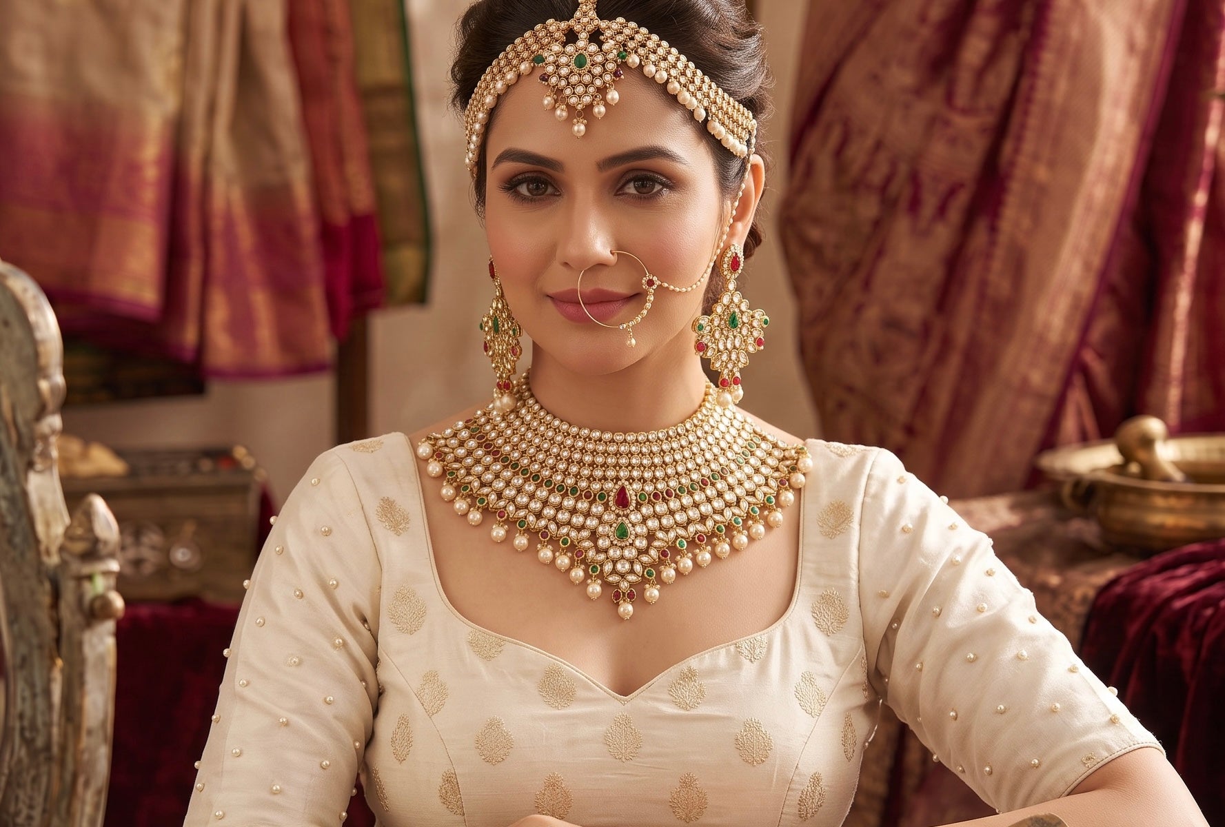 6-Piece Gold-Tone Kundan Full Bridal Jewelry Set with Necklace, Earrings, Nose Ring, Sheeshphool & Ring Bracelets 029