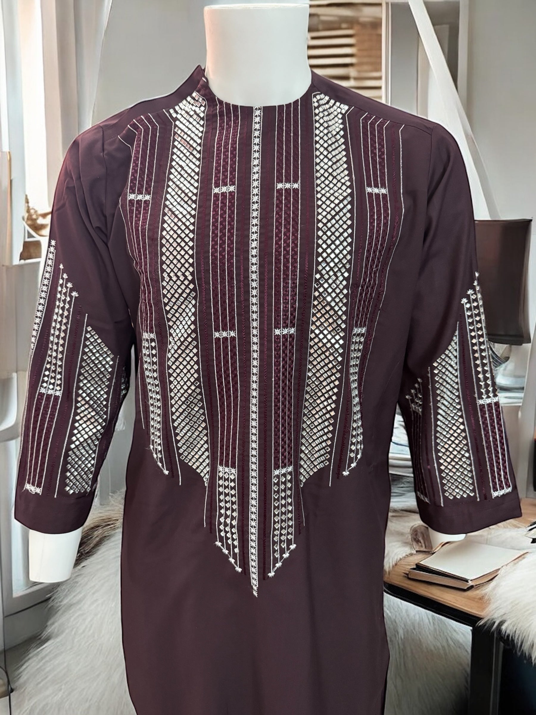 Afghan Parahan Tunban for Men Dark Burgundy Silver Shesha Mirror Work Machine Embroidered X-Small