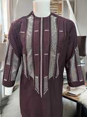 Afghan Parahan Tunban for Men Dark Burgundy Silver Shesha Mirror Work Machine Embroidered X-Small