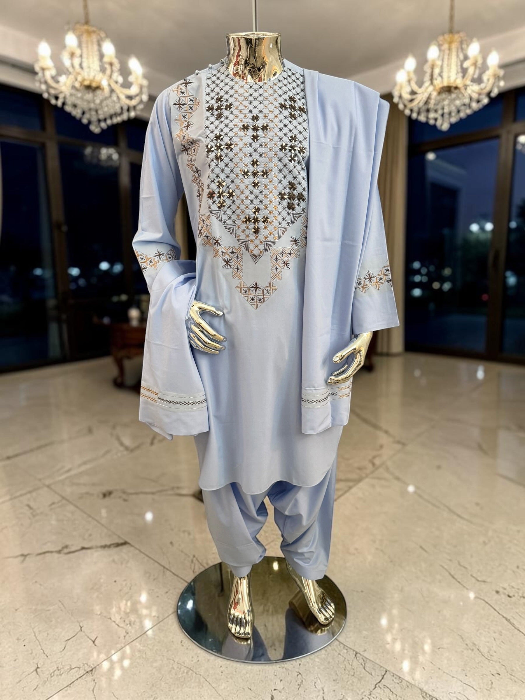 Medium Sky Blue Handmade Mirror Embroidered Afghan Parahan Tunban Set with Chadder