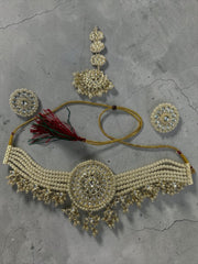 Pakistani Indian Afghan Pearl Choker Jewelry Set for Women – Gold Tone Bridal Necklace, Earrings & Maang Tikka | Traditional Ethnic Wedding Jewelry (4-Piece) 021
