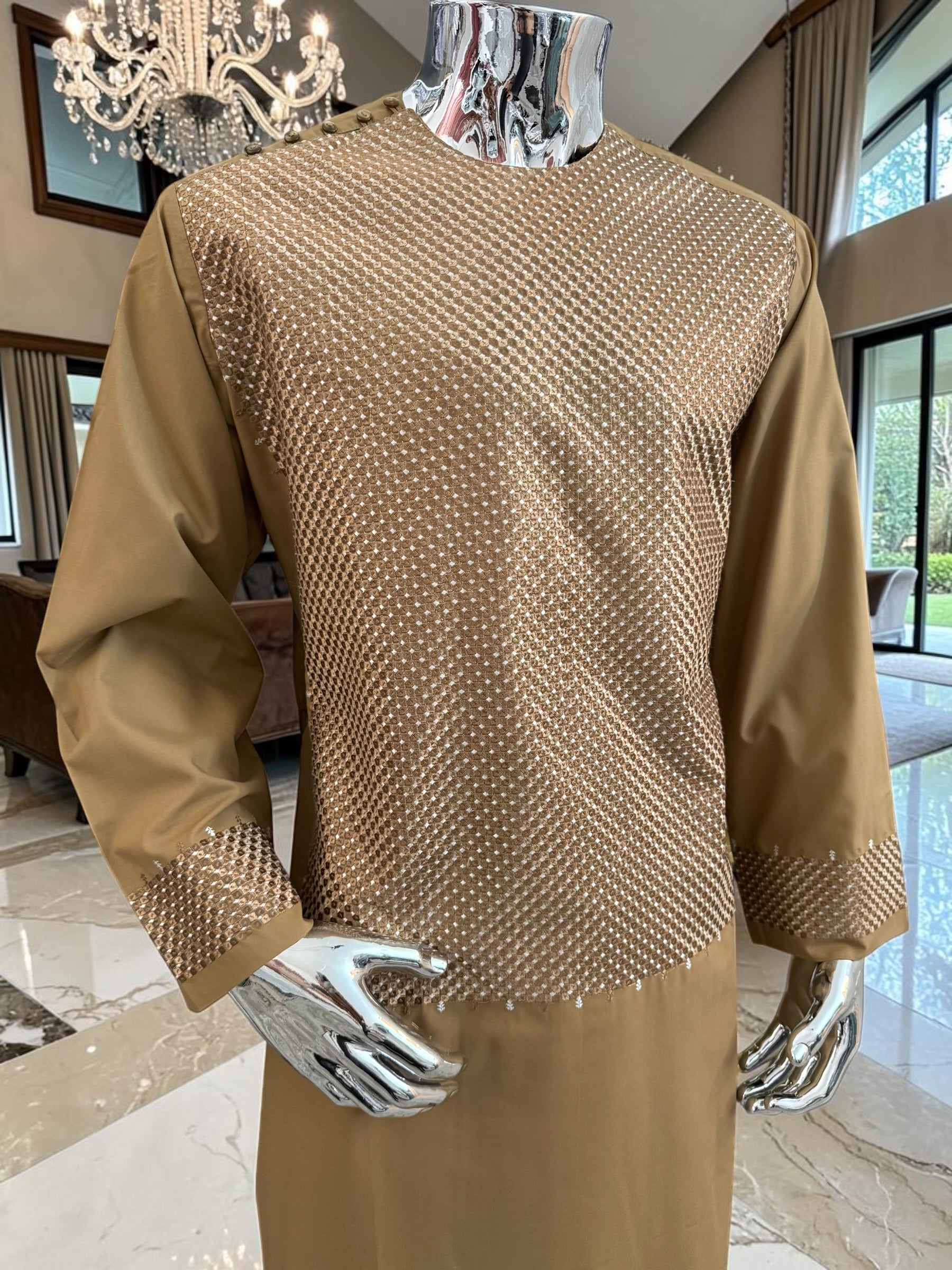 Large Honey Brown Afghan Parahan Tumban with Matching Khamak-Style Machine Embroidery – Men’s Traditional Wear