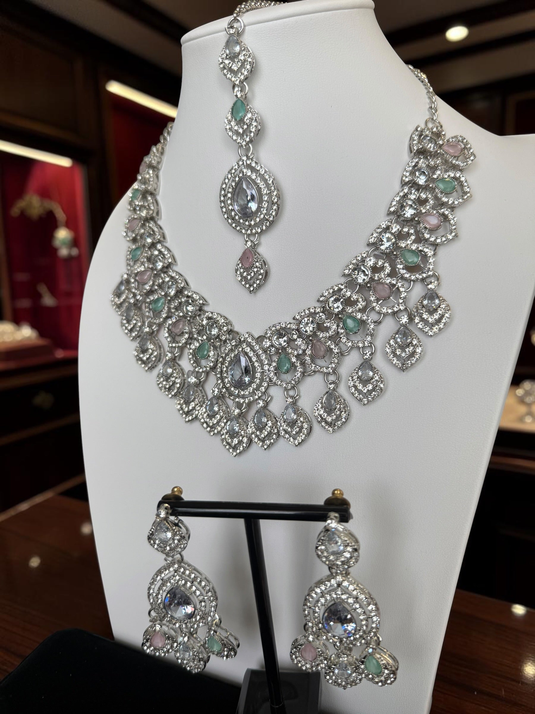 Luxury Silver Tone Pastel Pink & Mint Crystal Bridal Jewelry Set | Statement Necklace, Earrings & Maang Tikka | Wedding Jewelry with Black Gift Box 6026