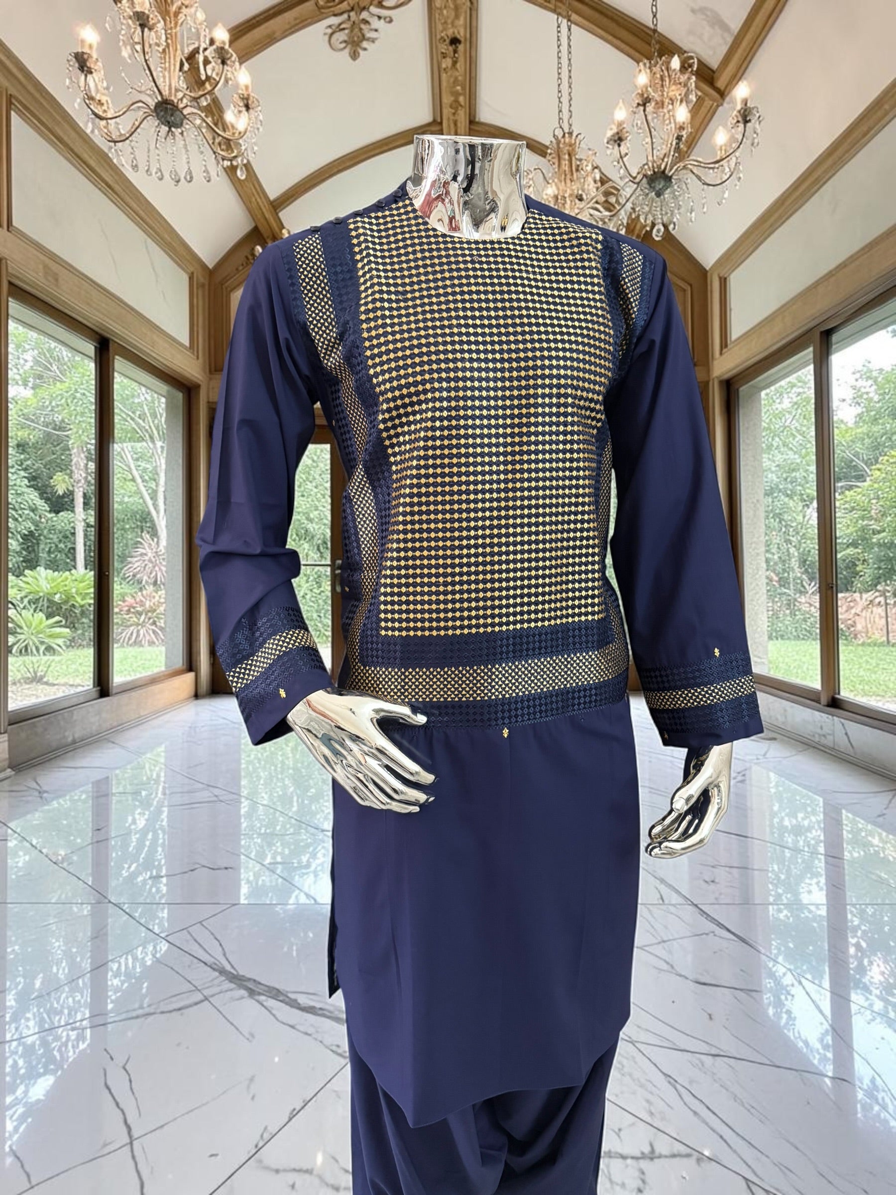 Small Premium Navy Blue Parahan Tunban Set with Gold Machine Embroidery Pattu/chadder