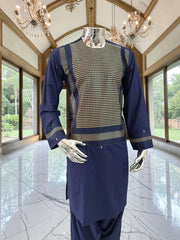 Small Premium Navy Blue Parahan Tunban Set with Gold Machine Embroidery Pattu/chadder