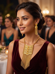 24K Gold-Plated Arab Middle Eastern Floral Fringe Necklace & Earrings Set. 060
