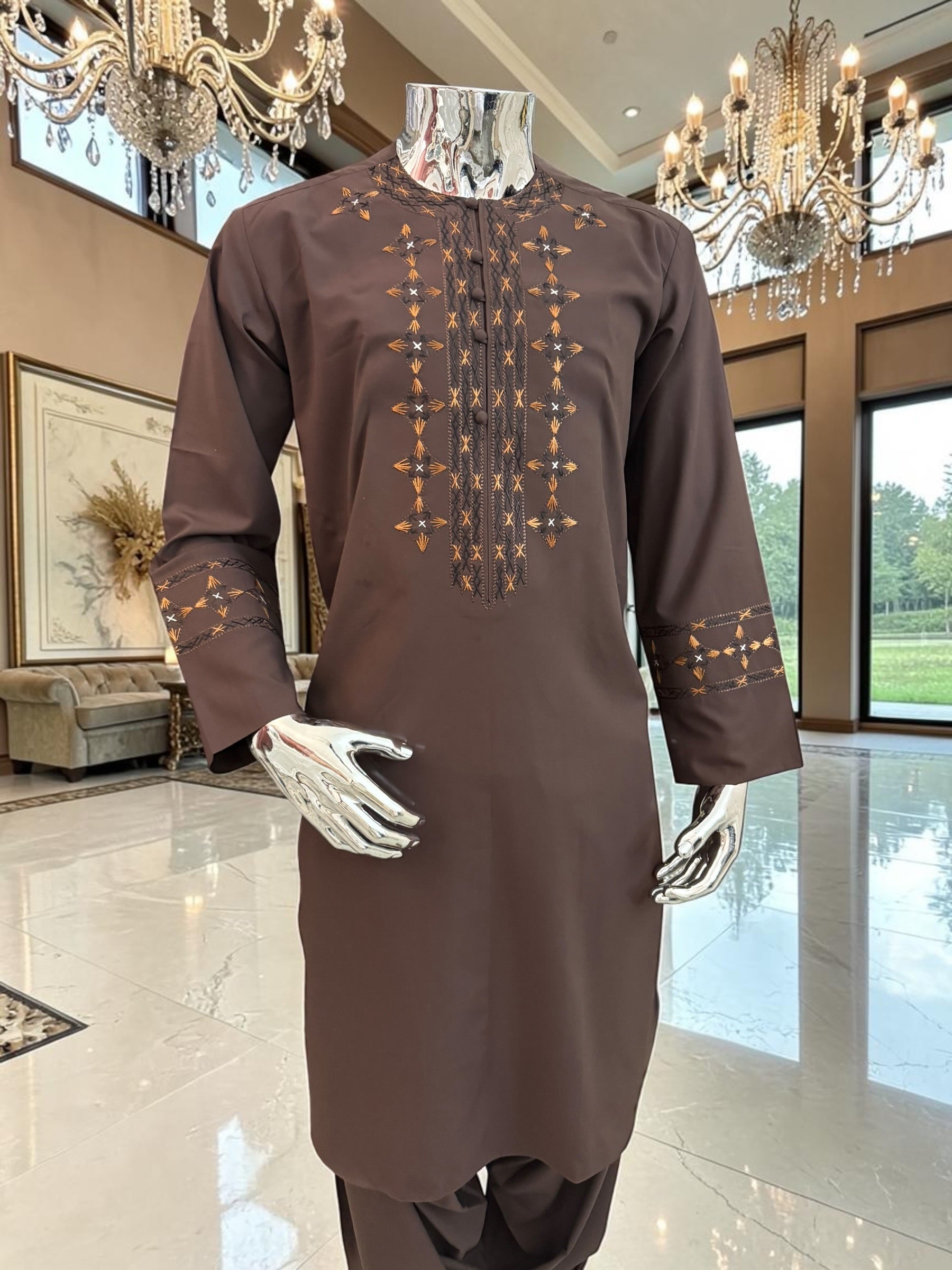 Men’s Chocolate Brown Embroidered Afghan Parahan Tunban 3-Piece Set with Shawl | Small–X-Large