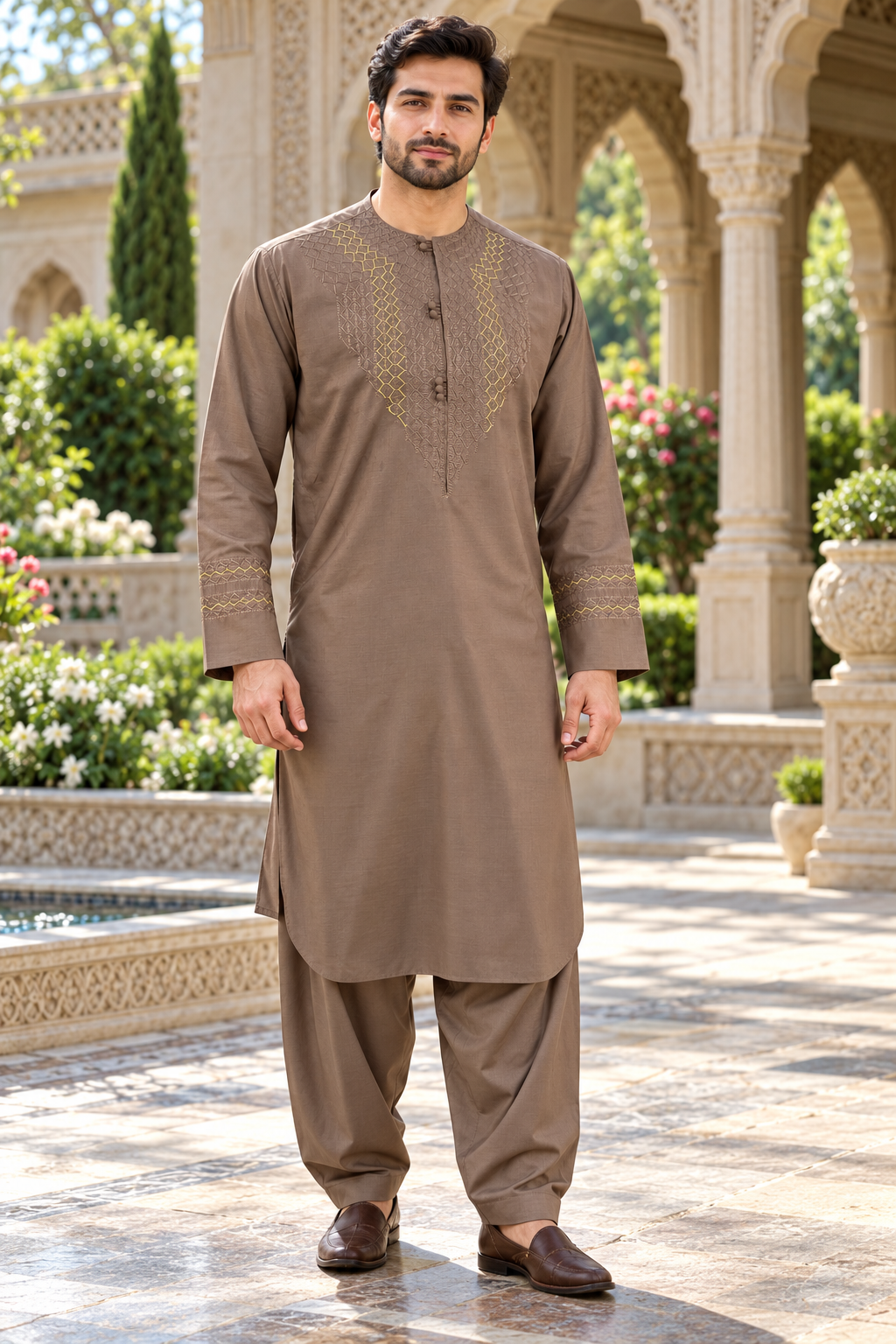 Brown Hand Embroidered Afghan Parahan Tunban – Closeout Sale, Minor Imperfections –