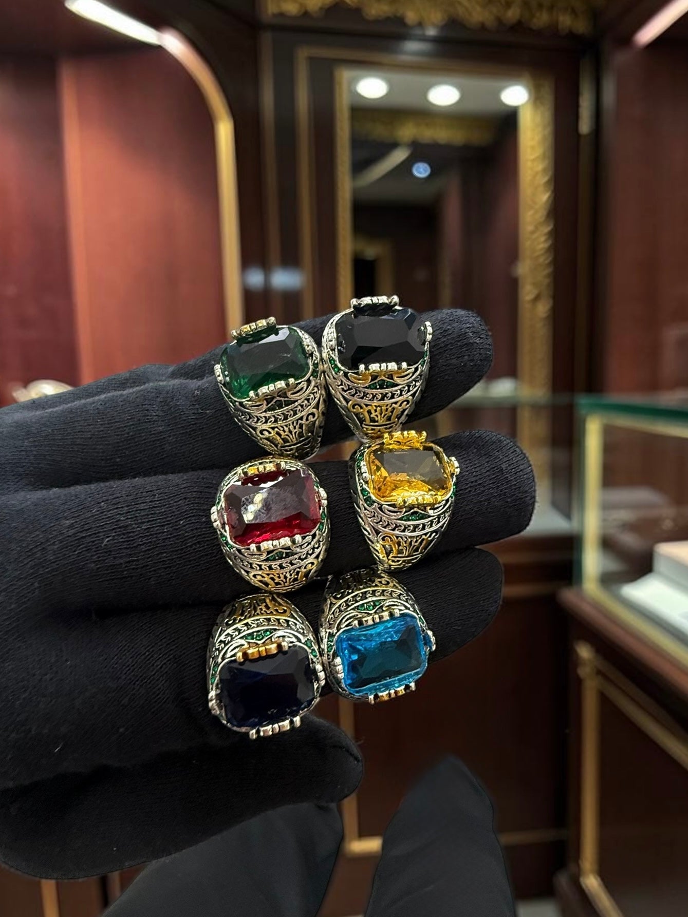 Vintage Turkish Inspired Signet Ring with Cubic Zirconia Stone – Silver Plated Two-Tone Men’s & Unisex Statement Ring – Available in Black, Green, Red, Gold, Navy & Blue