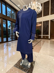 Traditional Afghan Parahan Tunban with Machine Embroidery – Navy Blue – XS
