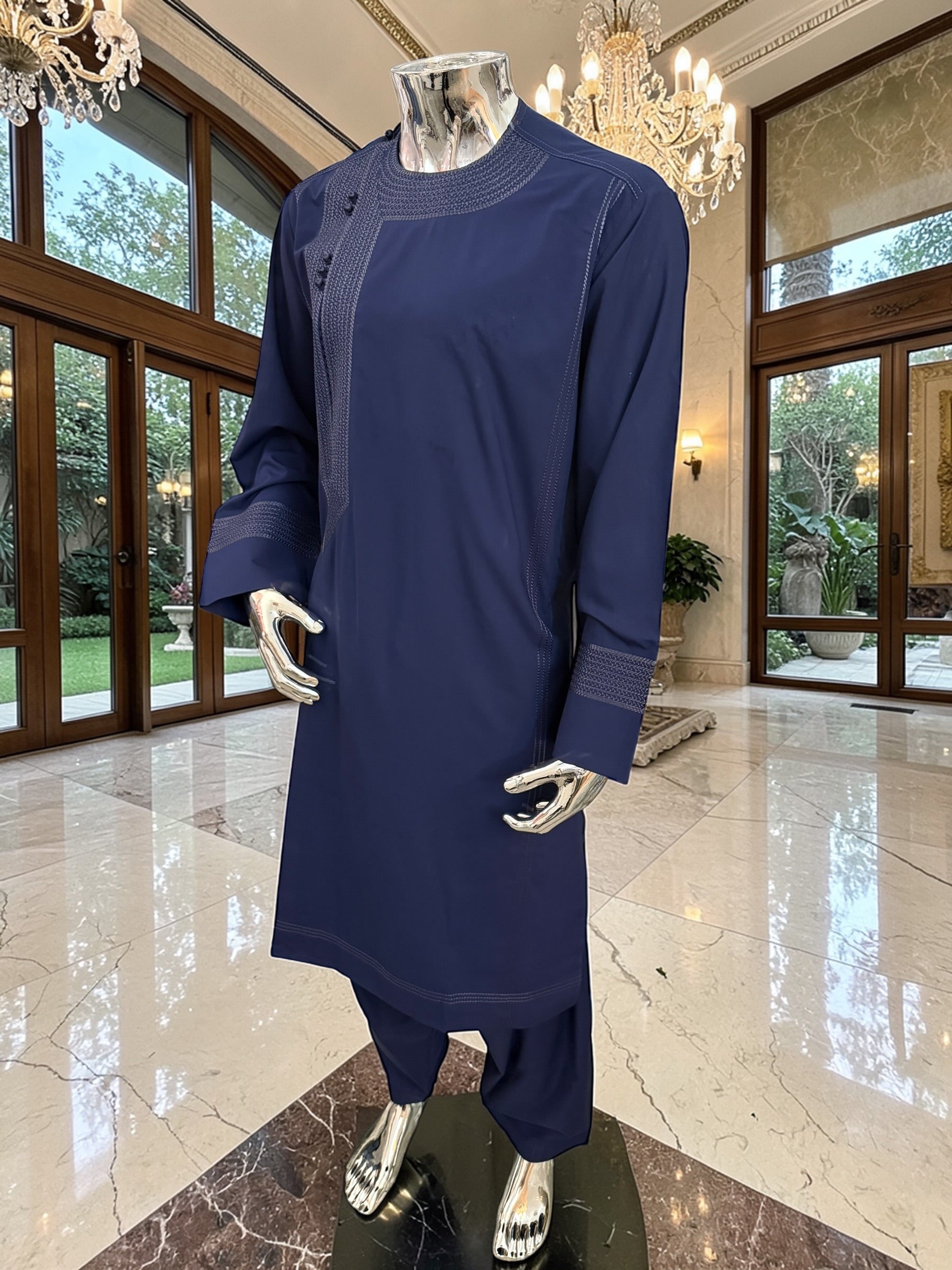 Traditional Afghan Parahan Tunban with Machine Embroidery – Navy Blue – XS