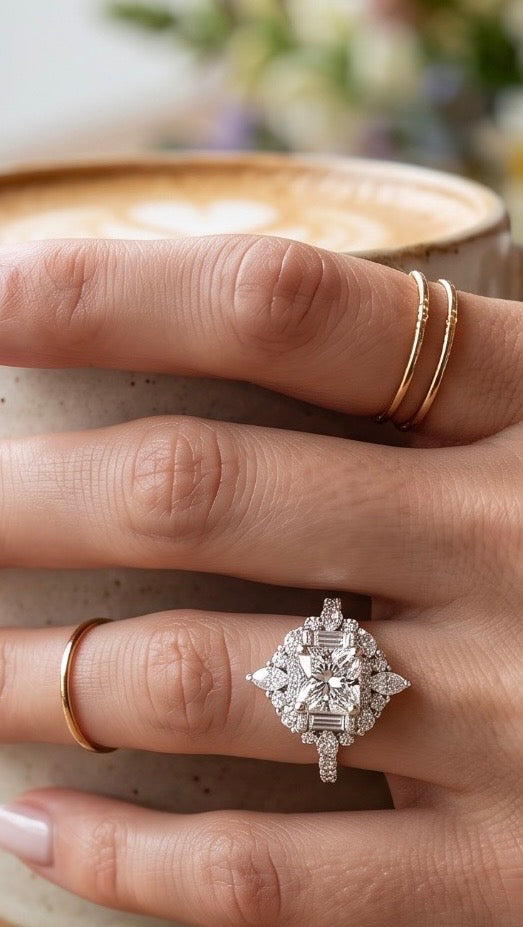 Size 9 Sterling Silver Round Cut Moissanite Halo Engagement Ring with Baguette Accents | Women’s Fine Jewelry 6001