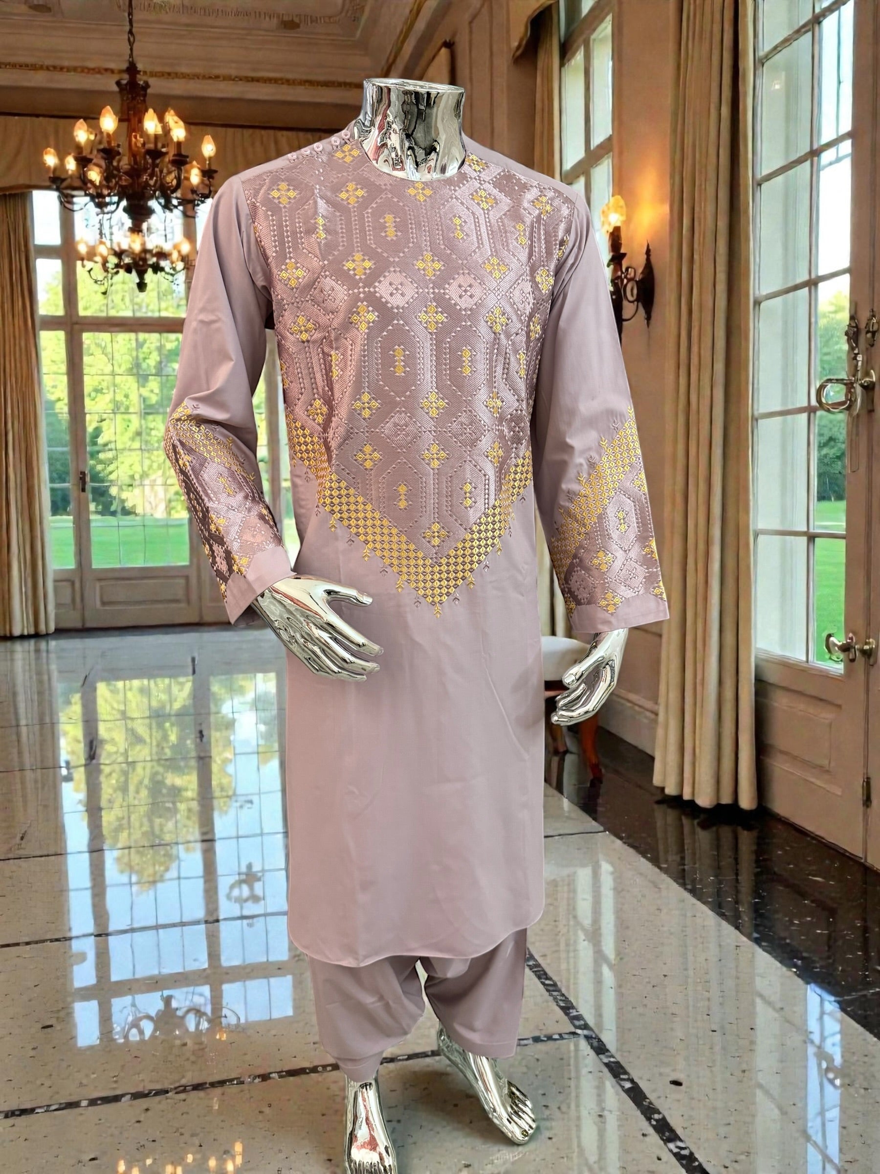 Men’s Lavender Parahan Tumban with Gold Embroidery | Traditional Afghan Outfit | Luqmaan Boutique
