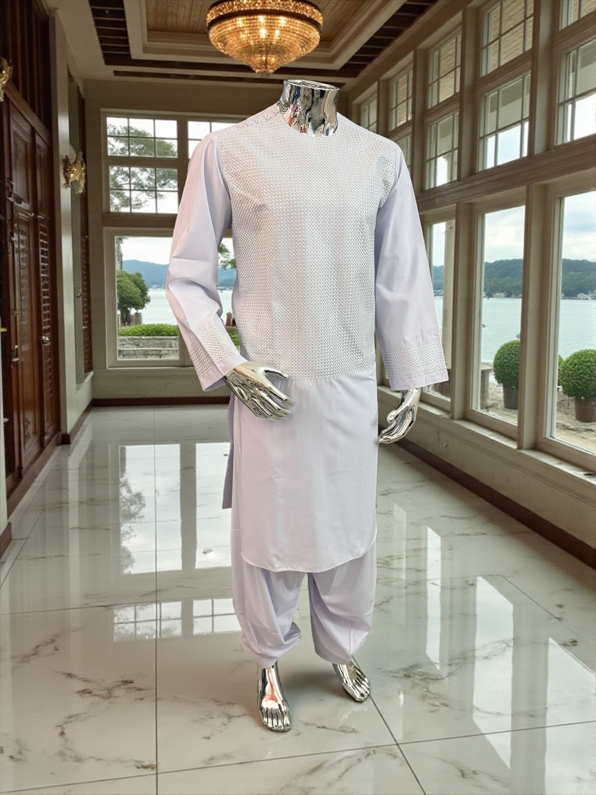 Men’s White Parahan Tumban with Matching Machine Embroidery – Traditional Afghan Outfit, Medium