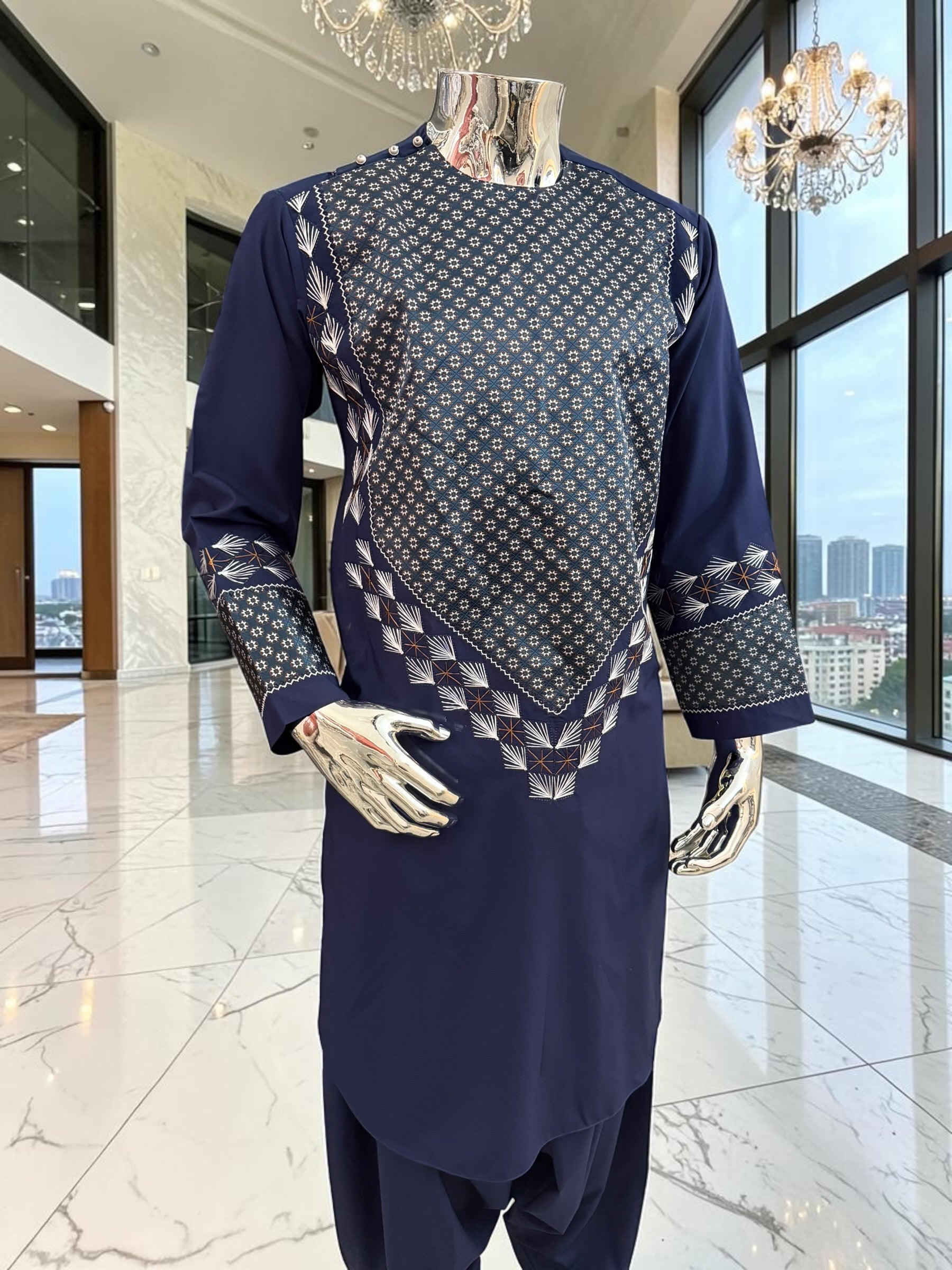 Medium Midnight Navy Hand Embroidered Afghan Parahan Tunban Set with Matching Chadder