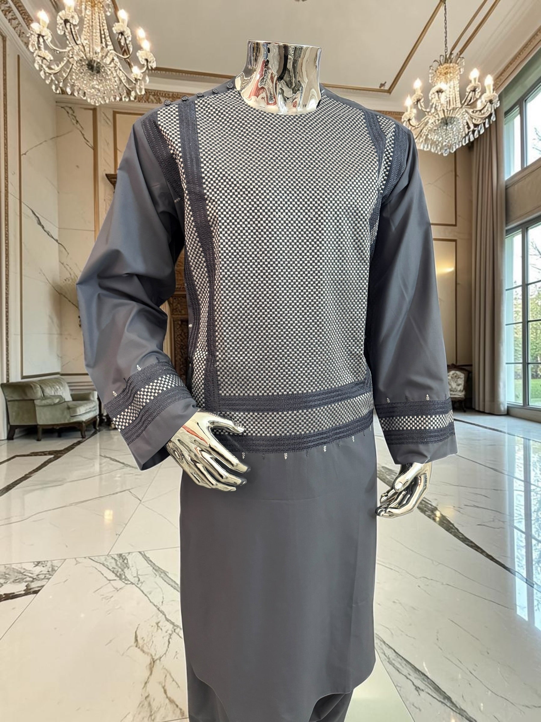 X-Large Charcoal Grey Men’s Shalwar Kameez Yakhandozi with Matching Grey and White Geometric Embroidery | Premium Traditional Wear